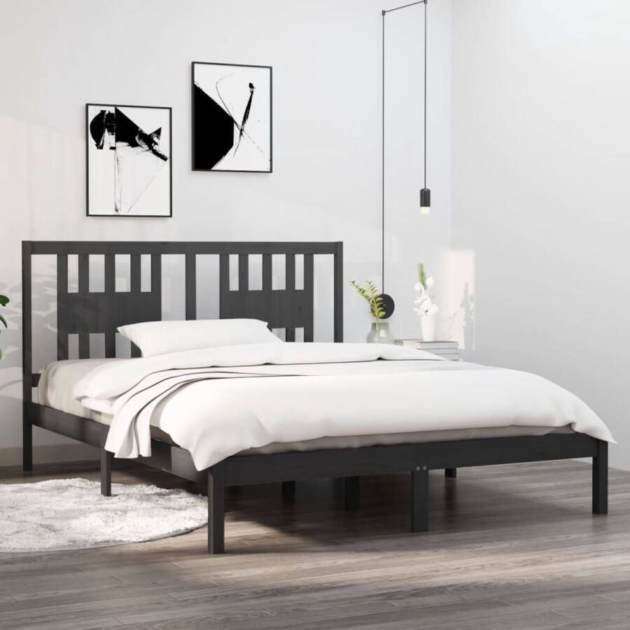 The Living Store Bedframe massief hout grijs 150x200 cm 5FT King Size Bedframe Bedframes Tweepersoonsbed Bed Bedombouw Dubbel Bed Frame Bed Frame Ledikant Houten Bedframe Tweepersoonsbedden