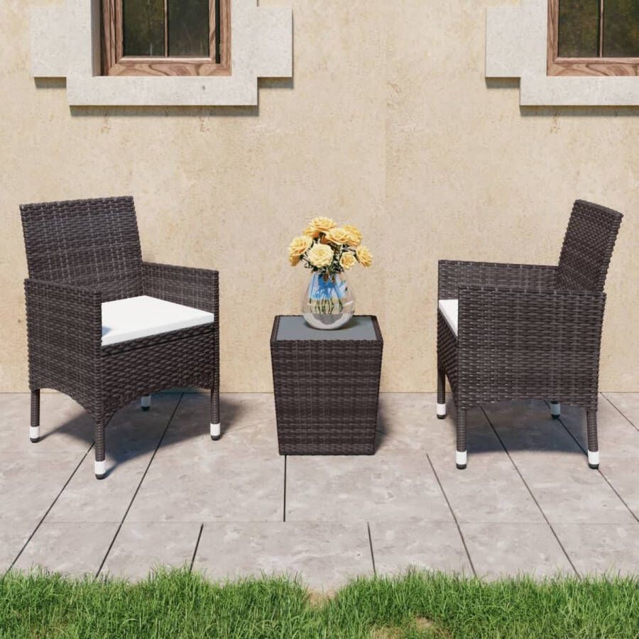 The Living Store Bistroset 3-delig bruin tafel 41.5x41.5x43 cm stoel 52x57x84 cm poly rattan stalen frame gehard glas zitkussen cremewit