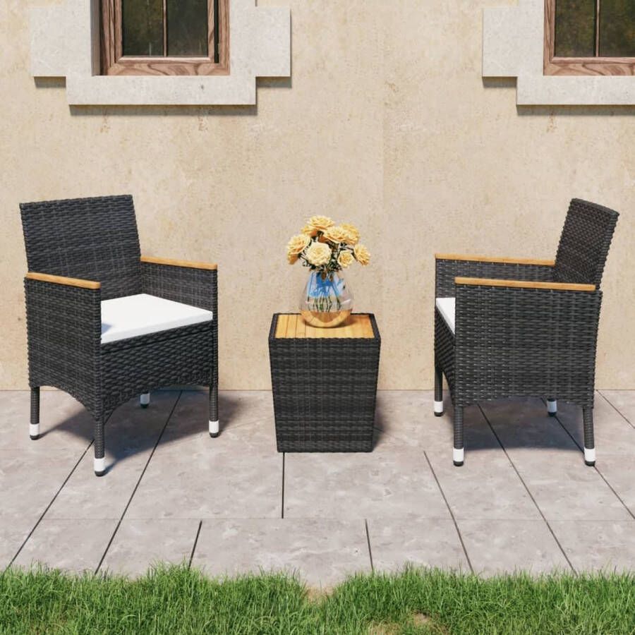 The Living Store Bistroset 3-delig Zwart Poly rattan staal stof en massief acaciahout Afmetingen tafel 41.5 x 41.5 x 43 cm Afmetingen stoel 52 x 57 x 84 cm Inclusief zitkussens Montage vereist