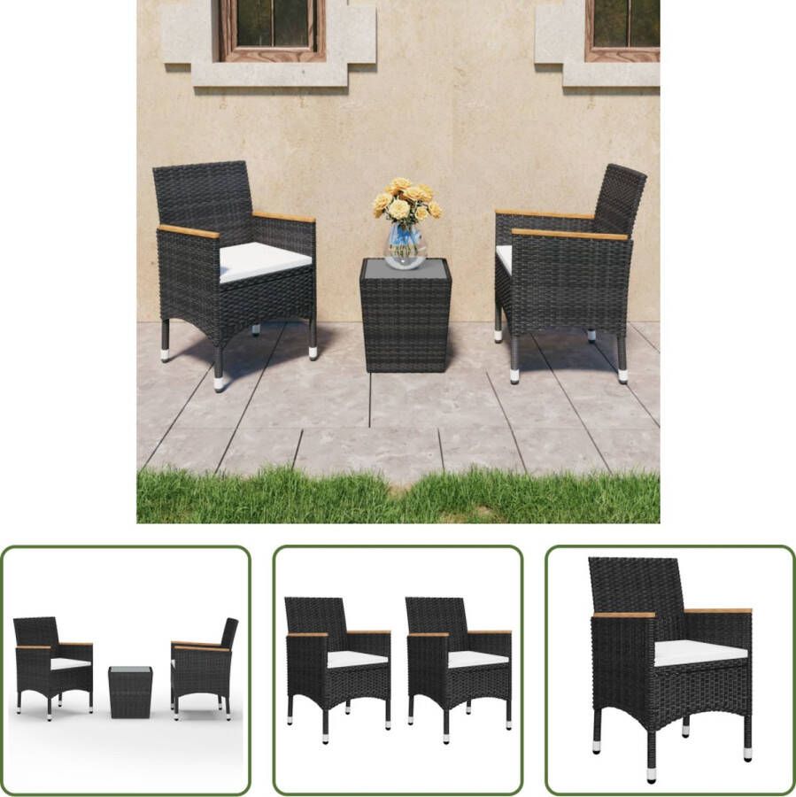 The Living Store Bistroset 3-delig Zwart Poly rattan staal gehard glas 41.5x41.5x43 cm (tafel) 52x57x84 cm (stoel)