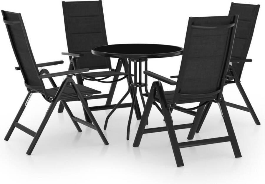 The Living Store Bistroset Aluminium tuinstoel en glazen tafel Verstelbaar Antraciet Zwart 80x72cm Inclusief 4 stoelen