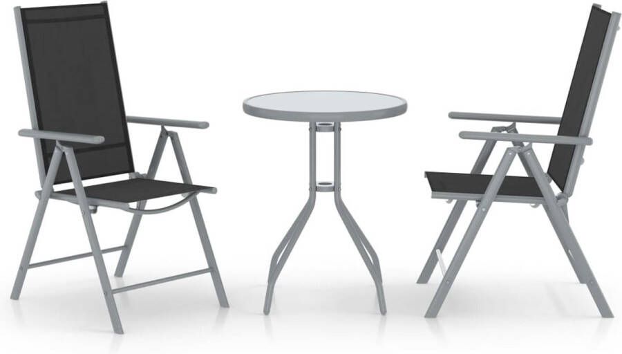 The Living Store Bistroset aluminium textileen verstelbare rugleuning tafel- 60x72cm stoel- 54x73x107cm kleur- zilver zwart lichtgrijs