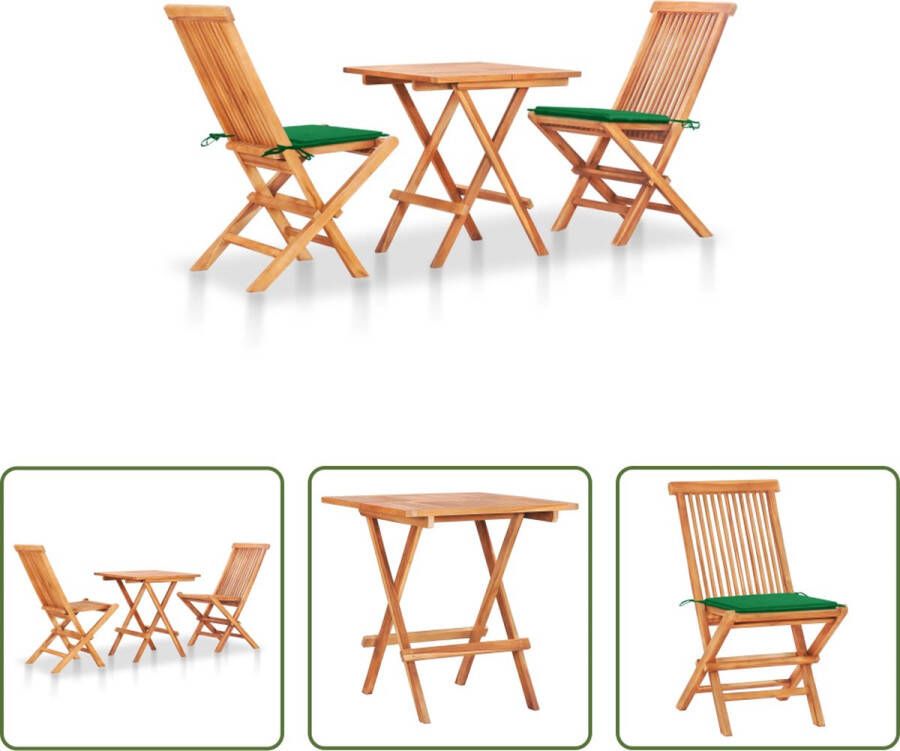 The Living Store Bistroset Hout Teakhout Inklapbaar Groen kussen 60x60x65 cm 46x62x89 cm Geschikt voor binnen en buiten Levering- 1 tafel 2 stoelen 2 kussens