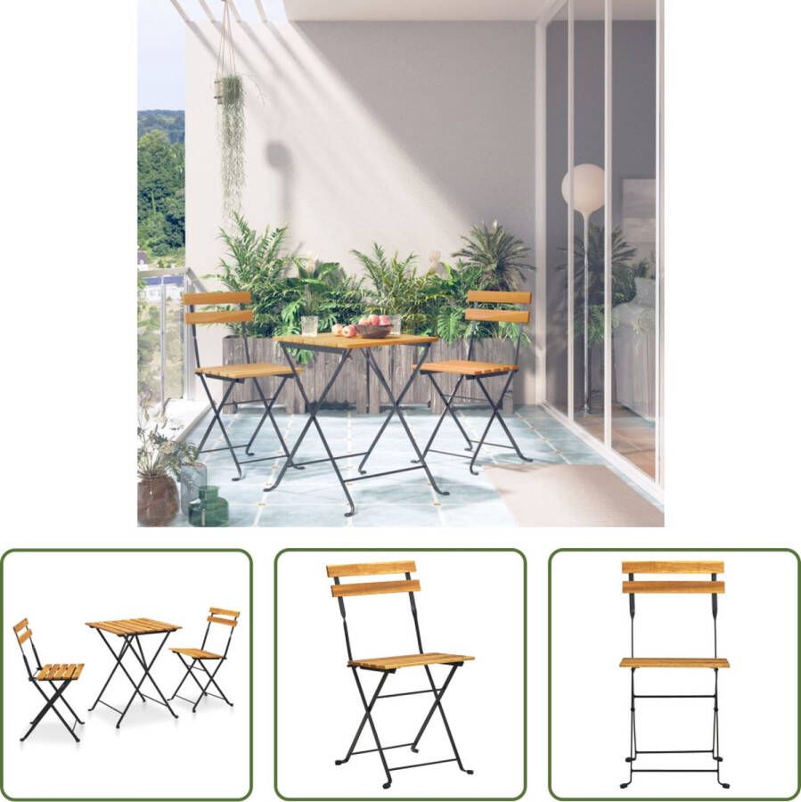 The Living Store Bistroset Massief Acaciahout en Staal Inklapbaar Bruin Zwart 1 Tafel 2 Stoelen