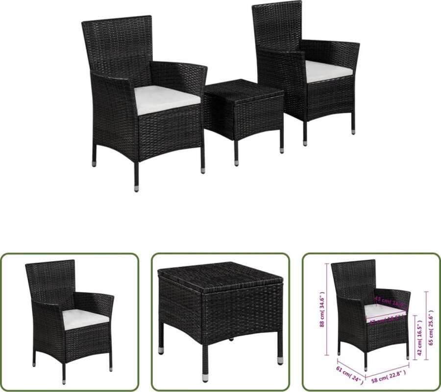 The Living Store Bistroset PE-rattan 58 x 61 x 88 cm Zwart Crèmewit