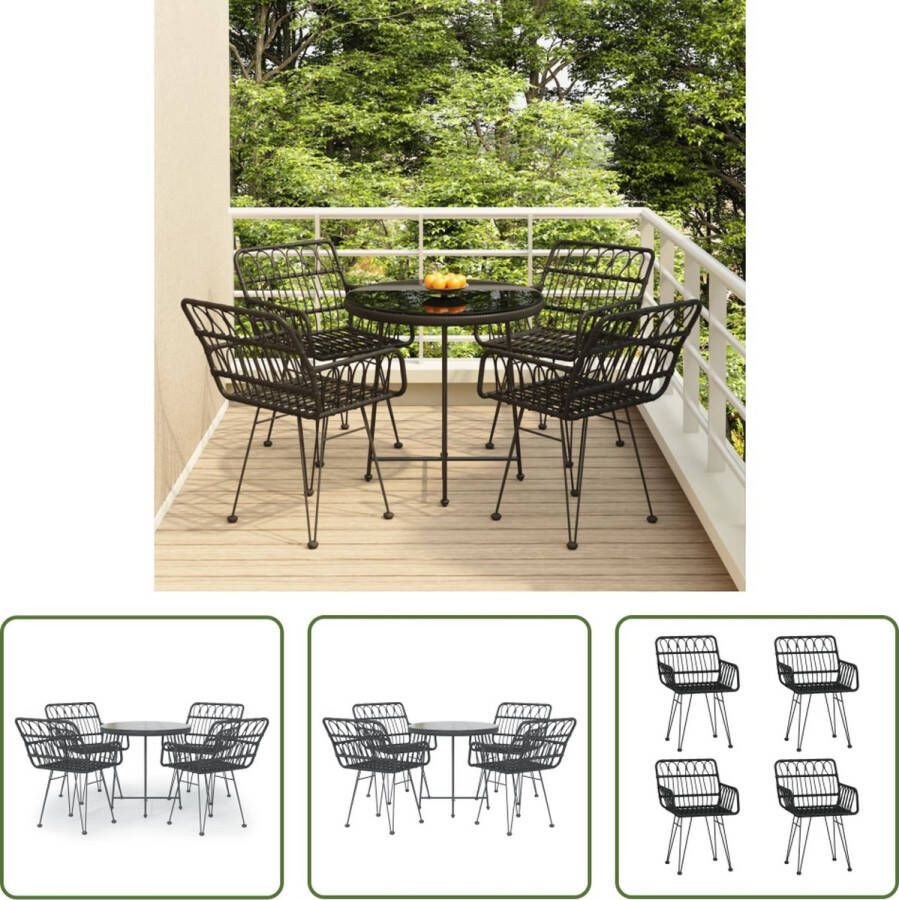 The Living Store Bistroset PE-rattan Stalen frame Gehard glazen tafelblad Comfortabele zitplaats Met pootdoppen Kleur- zwart Afmetingen- 80 x 74 cm (ø x H) Levering bevat- 1 x tafel 4 x stoel