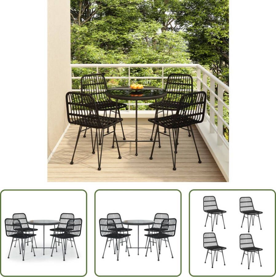 The Living Store Bistroset Tafel en 4 Stoelen Zwart Staal Gehard Glas PE-rattan