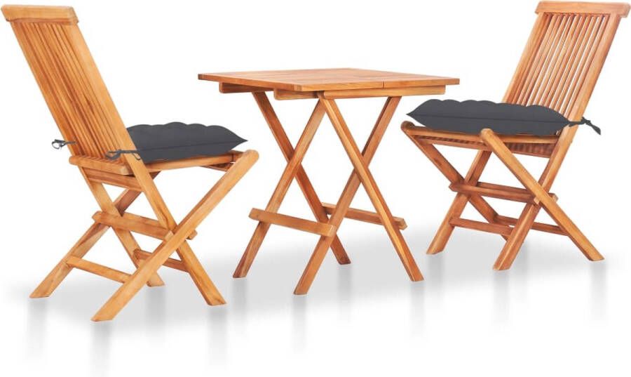 The Living Store Bistroset Teakhout Tafel 60x60x65cm Stoelen 46x62x89cm Antraciet kussen