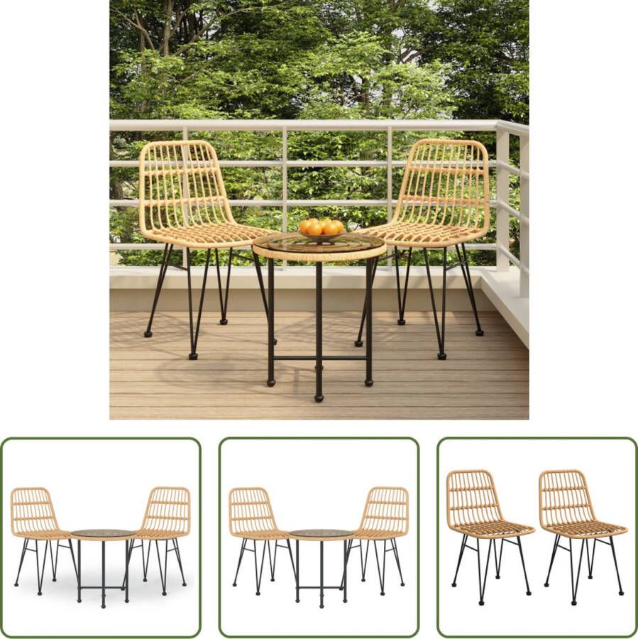 The Living Store Bistroset Tuinmeubelen Staal Gehard glas PE-rattan 50x55 cm 48x62x84 cm Comfortabele zitting