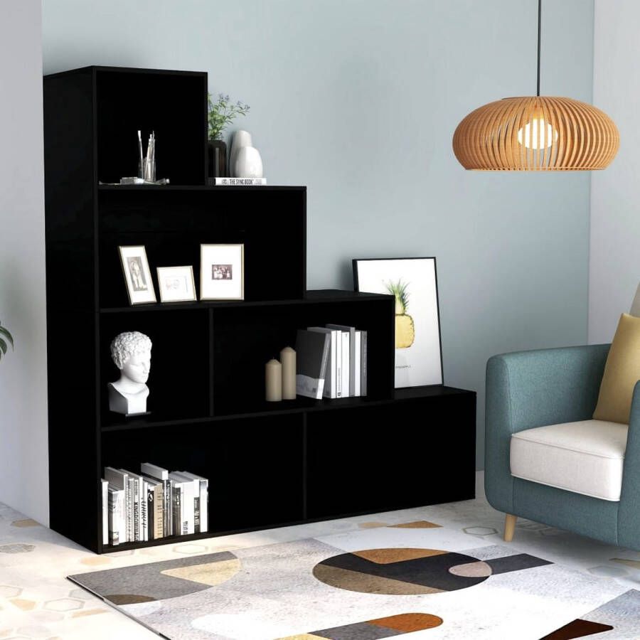 The Living Store Boekenkast 155 x 24 x 160 cm Zwart Bewerkt hout