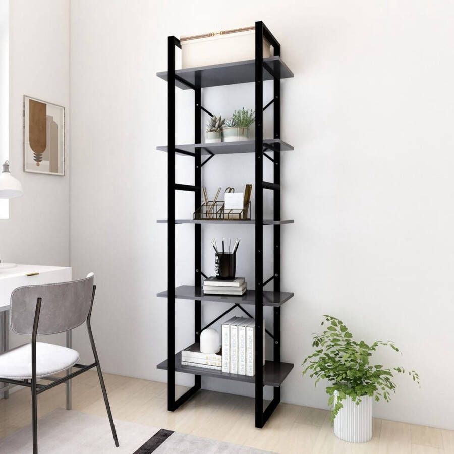 The Living Store Boekenkast Bewerkt hout en metaal Grijs 60 x 30 x 105 cm 5 Schappen