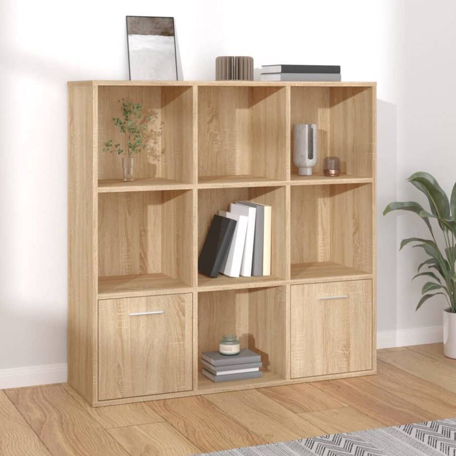 The Living Store Boekenkast Sonoma Eiken 98 x 30 x 98 cm Met 7 Open Kubussen en 2 Deuren