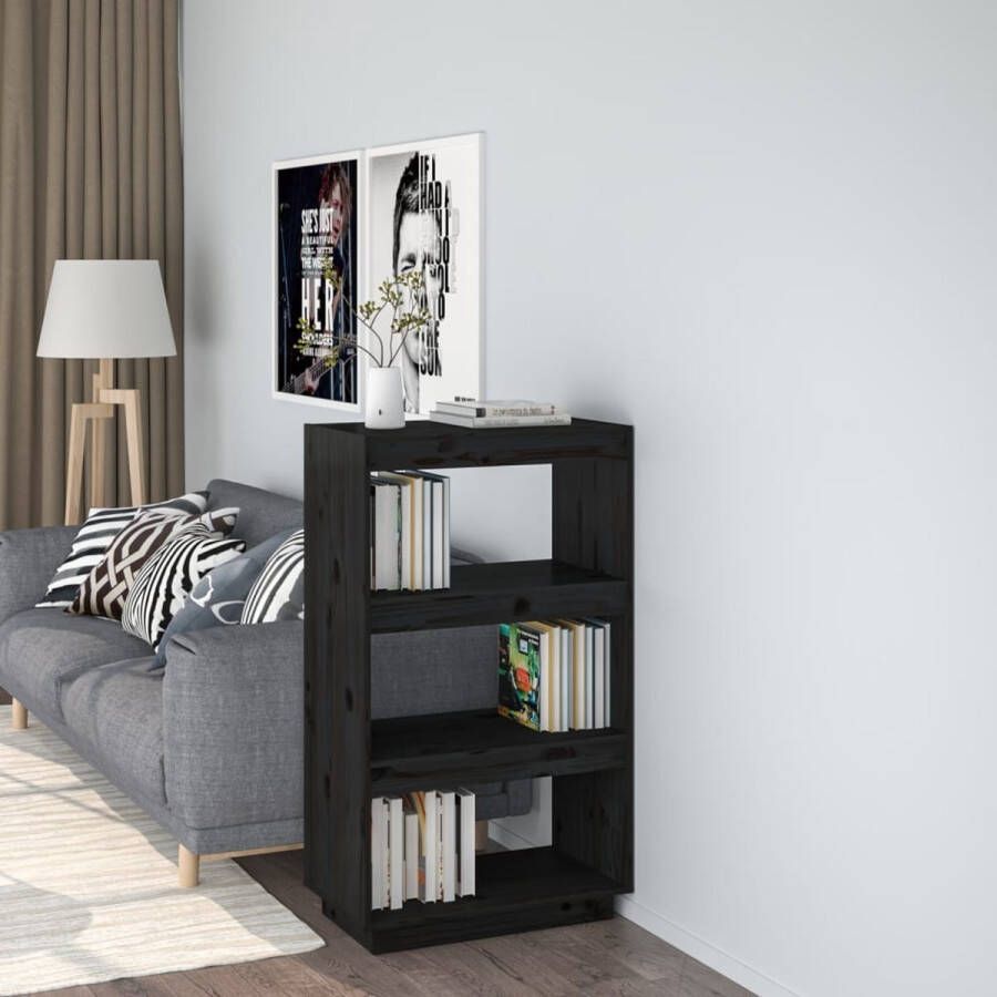 The Living Store Boekenkast Zwart Massief Grenenhout 60x35x103 cm Kan gebruikt worden als kamerscherm