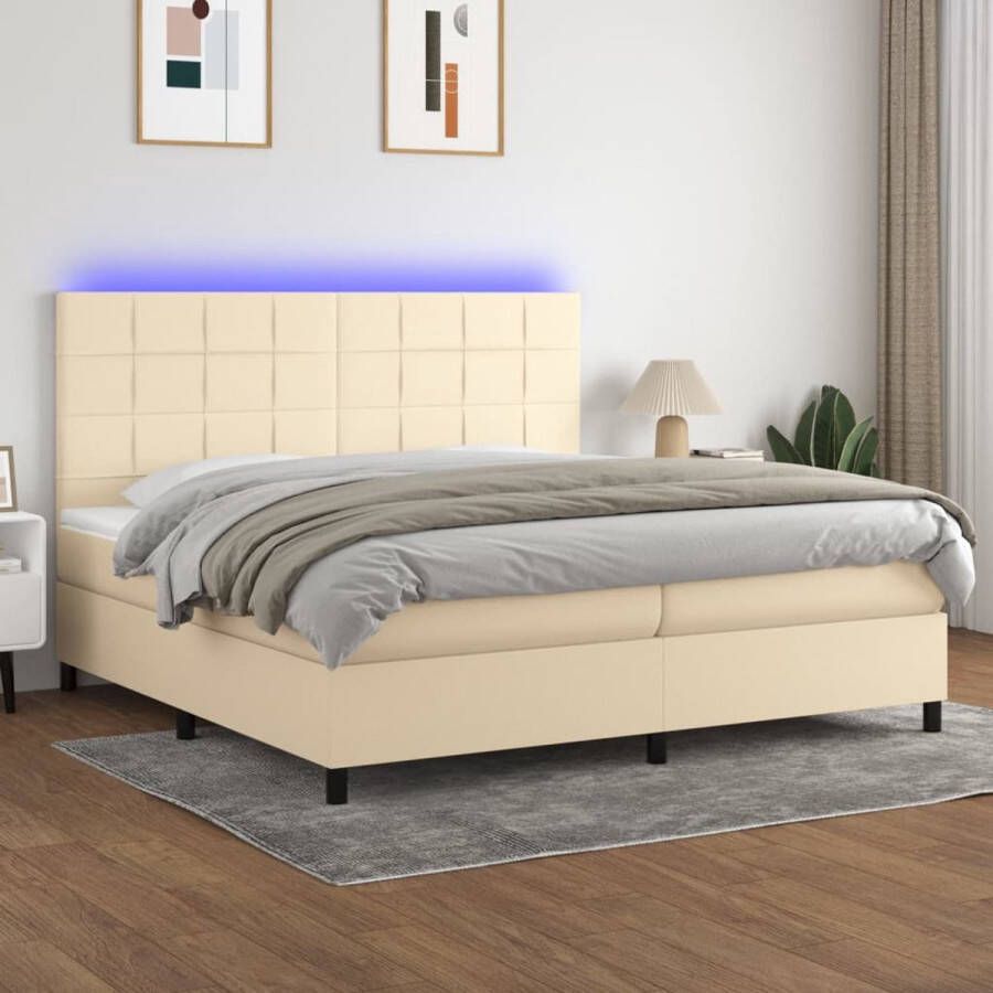 The Living Store Boxspring Bed Crème 203 x 200 x 118 128 cm Verstelbaar hoofdbord Kleurrijke LED-verlichting Pocketvering matras Huidvriendelijk topmatras Inclusief 2 matrassen en LED-strips