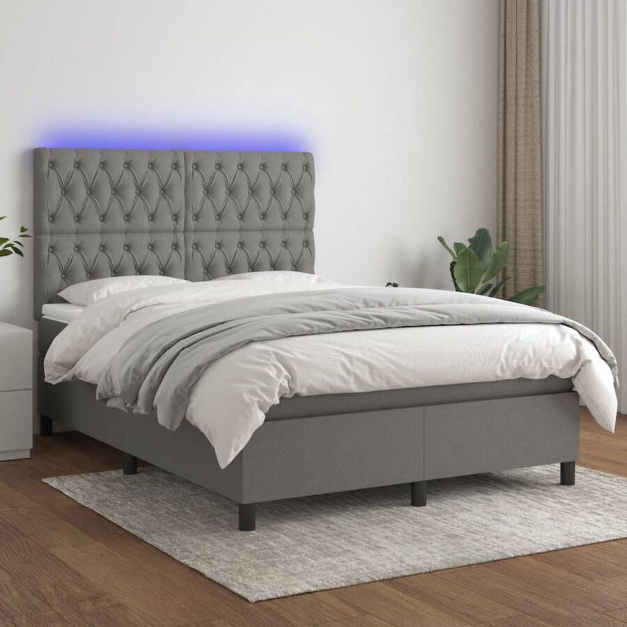 The Living Store Boxspring Bed donkergrijs 140 x 200 cm met verstelbaar hoofdbord en LED