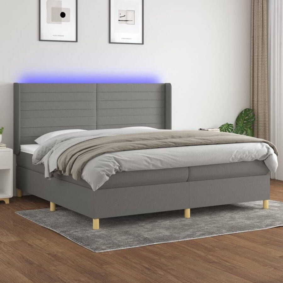 The Living Store Boxspring bed donkergrijs 203 x 203 x 118 128 cm LED verlichting pocketvering matras huidvriendelijk topmatras