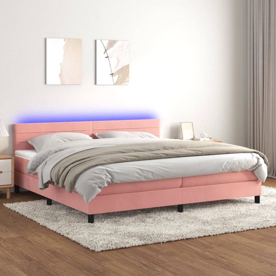 The Living Store Boxspring Bed Fluweel LED Pocketvering Topmatras Roze 203 x 200 x 78 88 cm