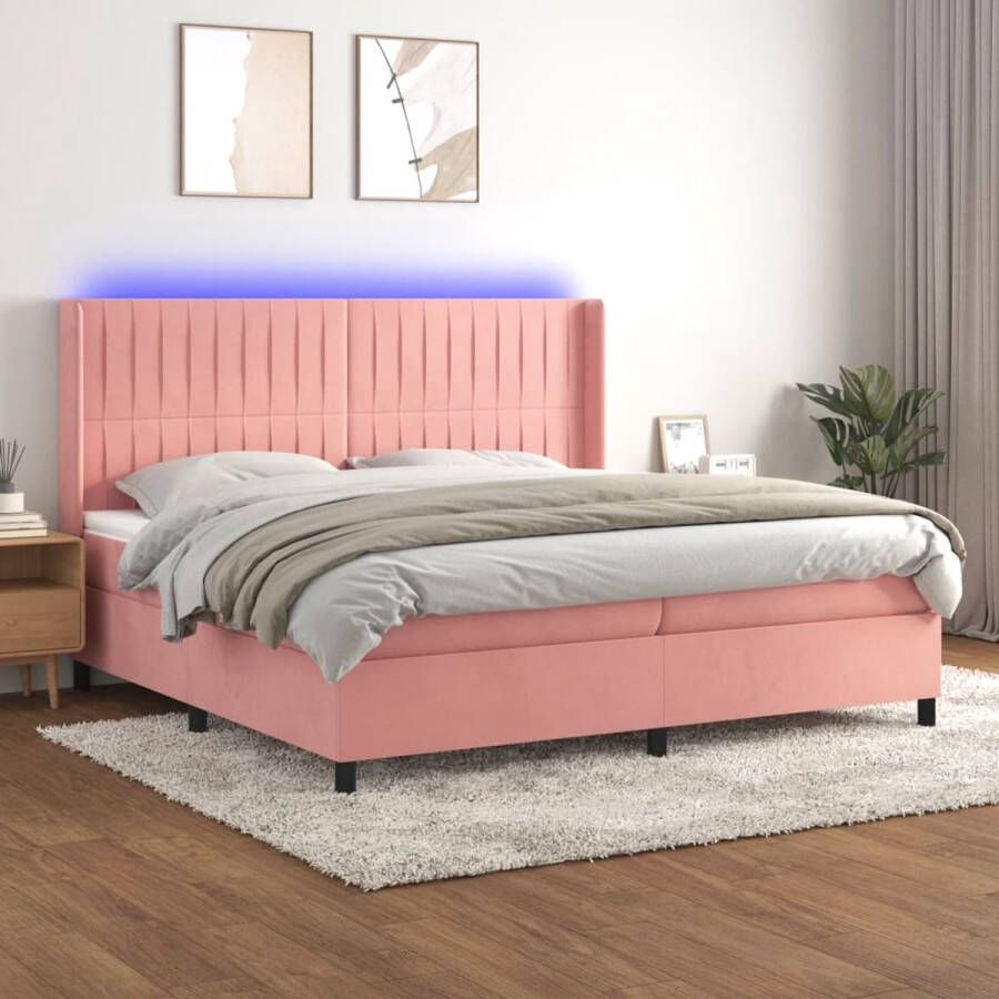 The Living Store Boxspring Bed Roze Fluweel LED Pocketvering Matras Huidvriendelijk Topmatras