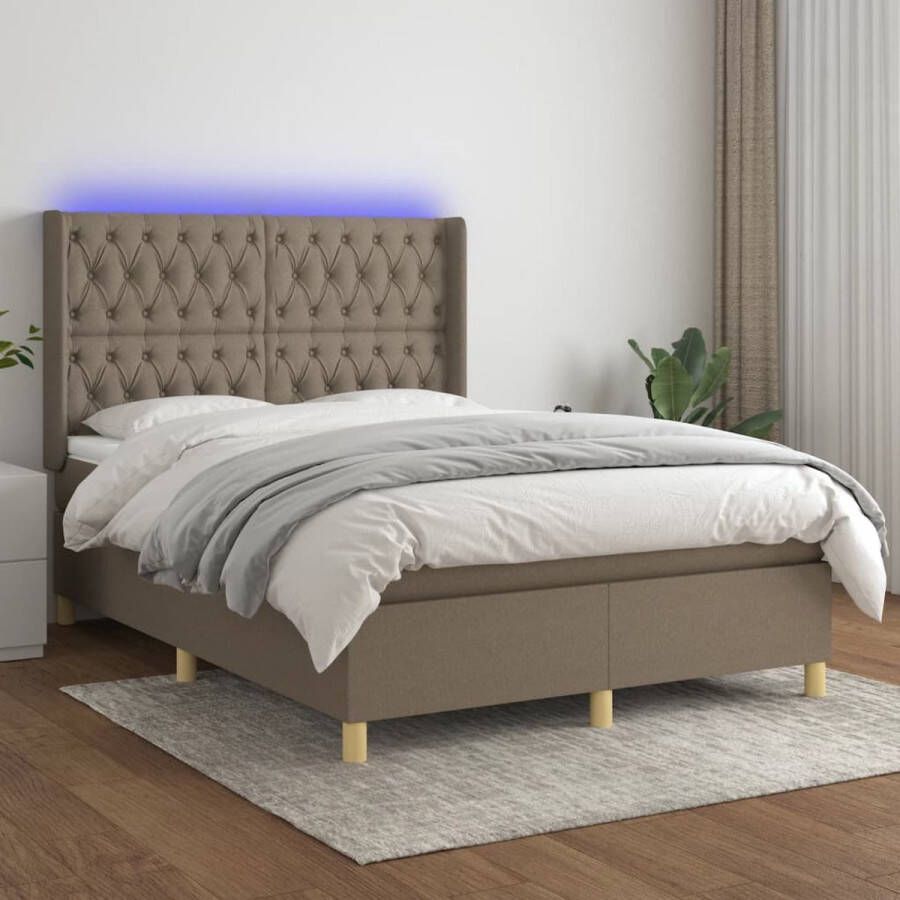 The Living Store Boxspring LED 140 x 190 cm Taupe Pocketvering en Schuim