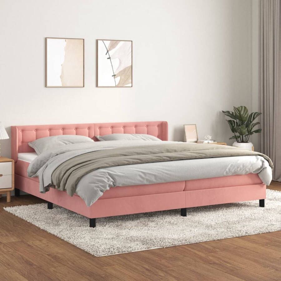 The Living Store Boxspringbed Fluwelen roze bed met verstelbaar hoofdbord en pocketvering matras Middelharde ondersteuning Huidvriendelijk topmatras 203 x 203 x 78 88 cm (L x B x H)