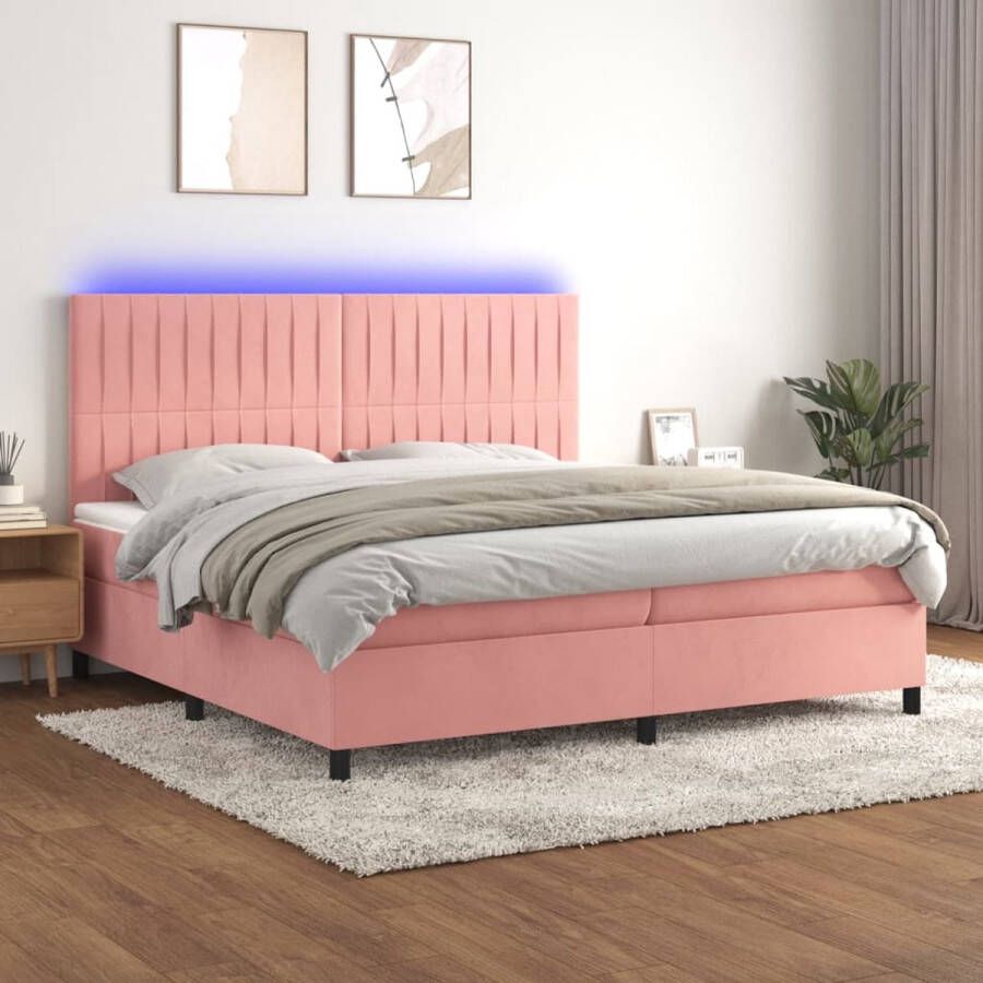 The Living Store Boxspring Pink Velvet Bed with LED Lights Pocket Spring Mattress Skin-Friendly Topper 203x200x118 128 cm Pink Velvet Plywood 2x100x200 cm Bed Mattress 200x200x5 cm Topper 2 LED Strips