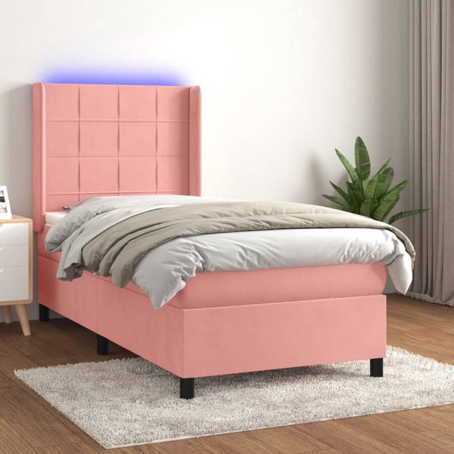 The Living Store Boxspring Roze fluweel 203 x 83 x 118 128 cm Verstelbaar hoofdbord LED-verlichting Pocketvering matras Huidvriendelijk topmatras