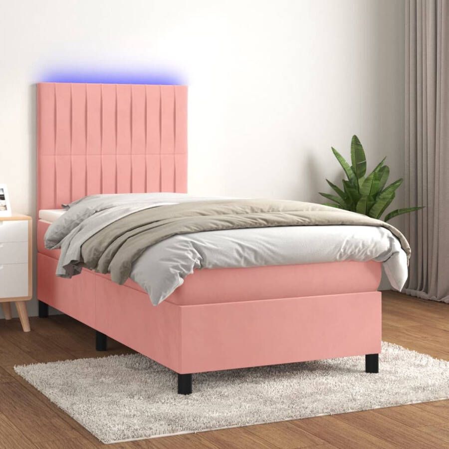 The Living Store Boxspring Roze fluwelen bed met LED-verlichting 203 x 90 x 118 128 cm Pocketvering matras Huidvriendelijk topmatras