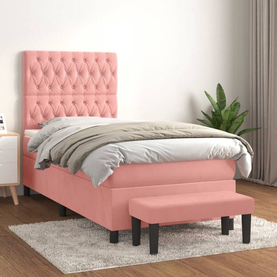 The Living Store Boxspringbed Fluweel Pocketvering Middelharde ondersteuning Huidvriendelijk Roze 203 x 90 x 118 128 cm incl matras topmatras en bankje