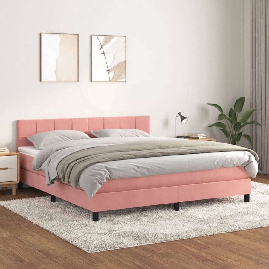The Living Store Boxspringbed fluweel pocketvering middelharde ondersteuning roze 203 x 180 x 78 88 cm inclusief bedframe hoofdeind matras en topmatras