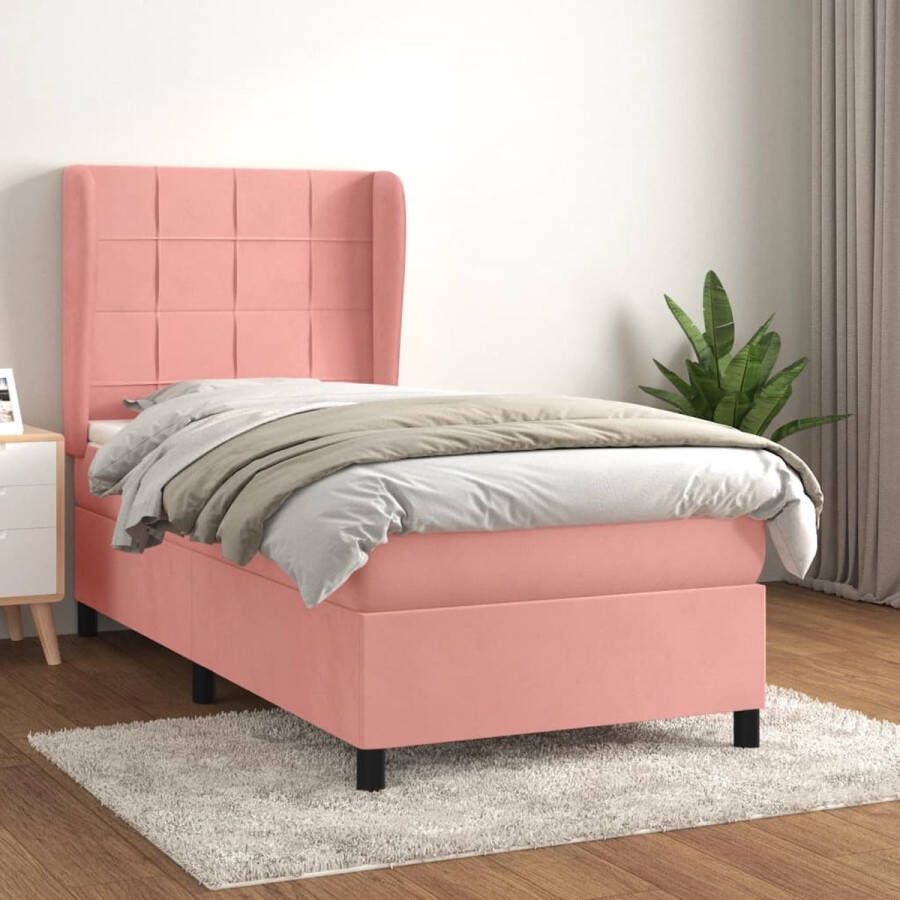 The Living Store Boxspringbed Bedframe met verstelbaar hoofdbord 203 x 93 x 118 128 cm roze fluweel pocketvering matras middelharde ondersteuning huidvriendelijk topmatras
