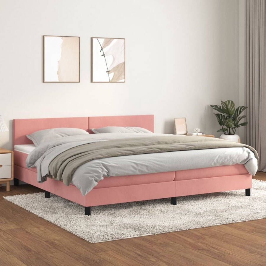 The Living Store Boxspringbed Luxe fluwelen roze bed met verstelbaar hoofdbord Pocketvering matras Middelharde ondersteuning Huidvriendelijk topmatras 203x200cm