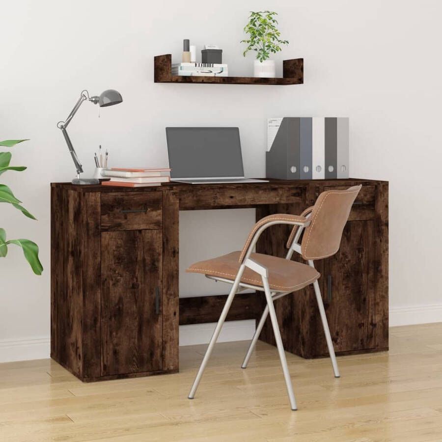 The Living Store Bureau met Kast Gerookt Eiken Bewerkt Hout 100 x 49 x 75 cm Inclusief 1 x Bureau 1 x Kast