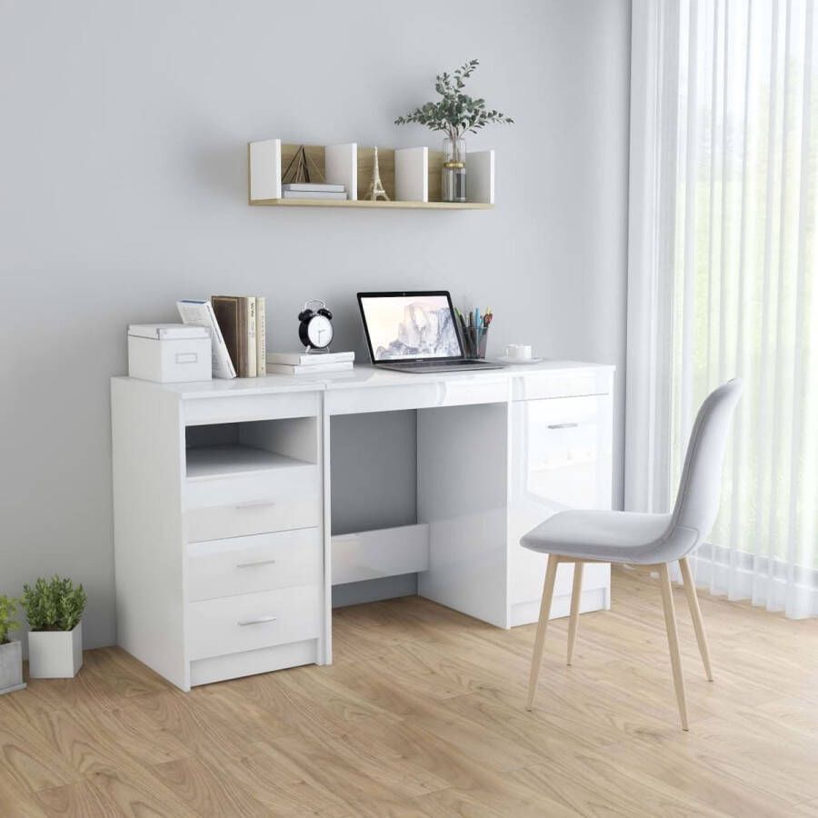 The Living Store Bureau Strak Modern Bureau met 3 Lades en 1 Vak Hoogglans Wit Spaanplaat 140 x 50 x 76 cm