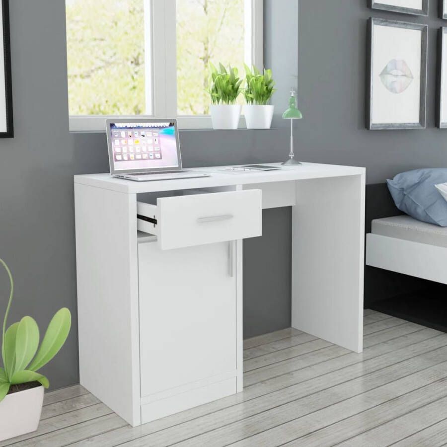 The Living Store Bureau White 100x40x73cm High-Quality Wood MDF 1 Drawer 1 Cabinet Aluminum Handles