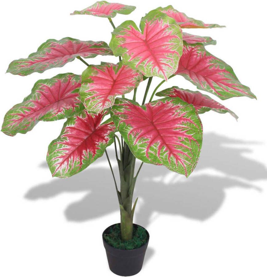 The Living Store Caladium Kunstplant 85 cm Levensecht Groen en Rood Kunststof Bladeren Houten Stam Inclusief Pot