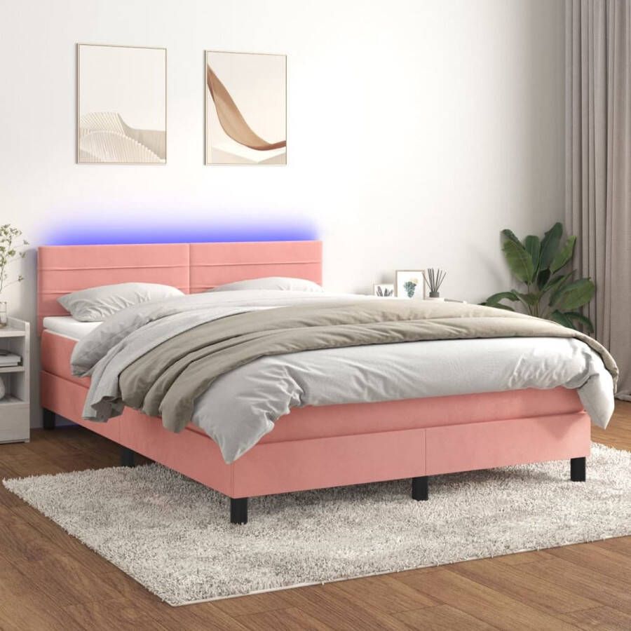 The Living Store Charm Roze Bed 140x200 Fluweel Inclusief Matras en LED