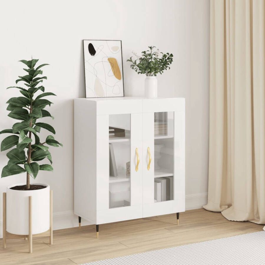 The Living Store Dressoir Hoogglans wit 69.5x34x90cm Glas ontwerp Metalen voeten