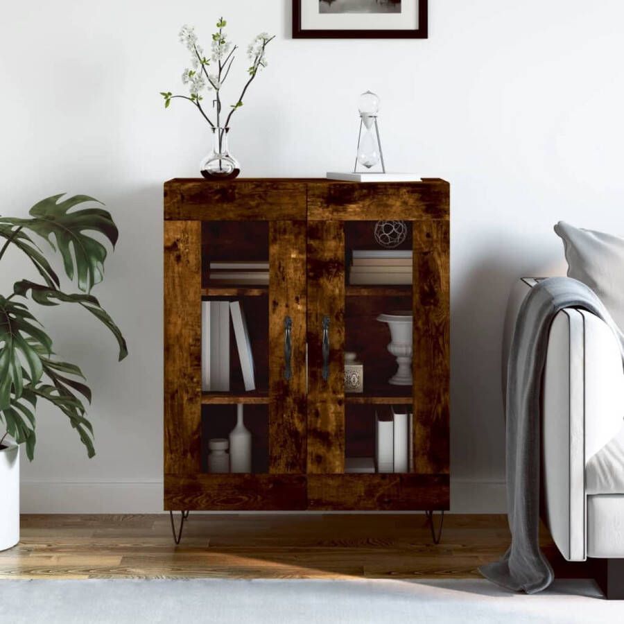 The Living Store Dressoir Smoked Oak Houten kast met glazen ontwerp 69.5x34x90 cm Opbergruimte en displayfunctie