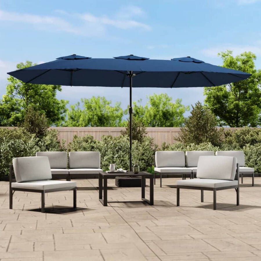 The Living Store Dubbele Parasol Elegant Tuinartikelen 449 x 265 x 245 cm Azuurblauw en Donkergrijs