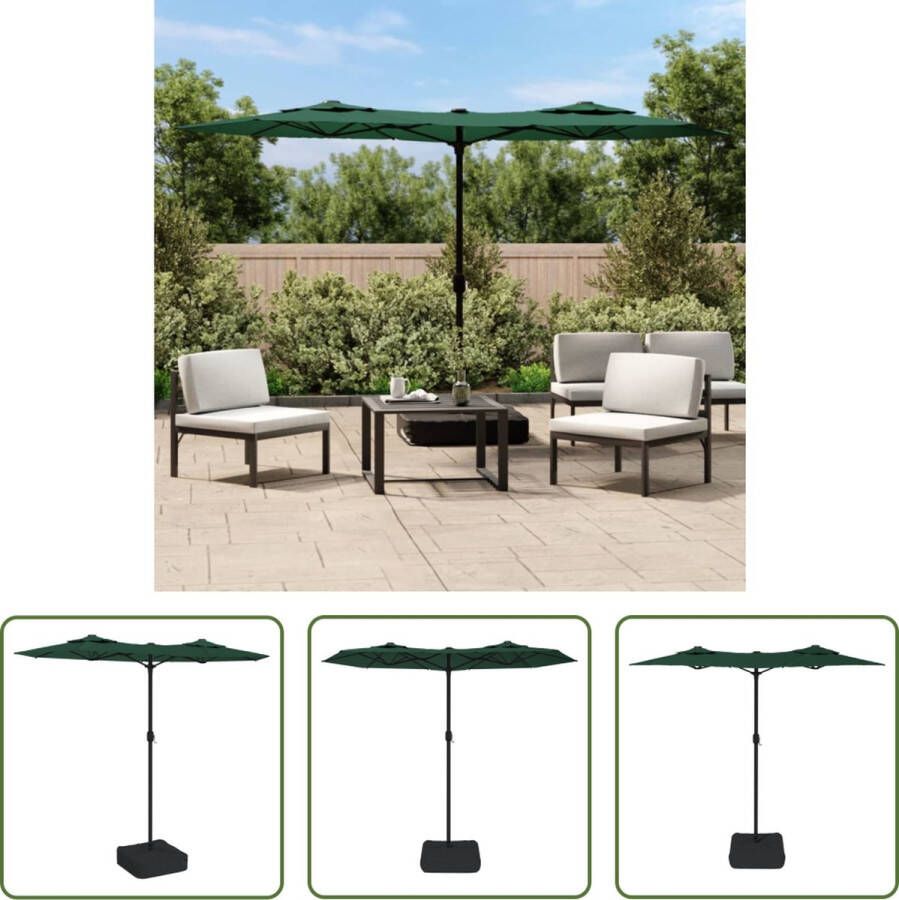 The Living Store Dubbele Parasol Groen en Donkergrijs 316 x 145 x 240 cm Polyester Sterke Voet Zwengelmechanisme