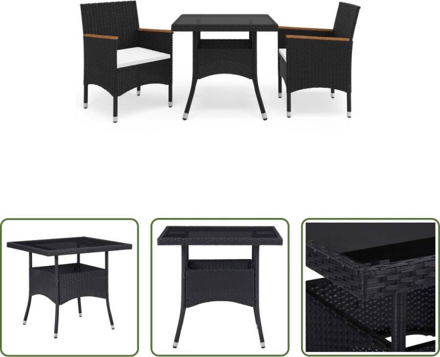 The Living Store Eethoek 3-delig Tafel 80x80x75cm 2 Stoelen Poly Rattan Acaciahout Zwart Bruin Crème Kussen