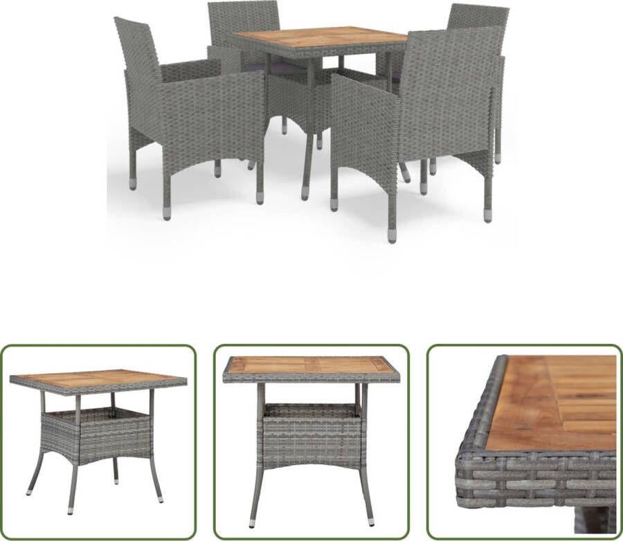 The Living Store Eethoek 5-delig Grijs Bruin Acacia hout Poly rattan Tafel 80x80x75cm Stoel 53x58x84cm