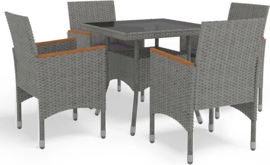 The Living Store Eethoek 5-Delige Eetset Grijs Zwart Bruin 80x80x75 cm Poly Rattan Acaciahout Gehard Glas Staal