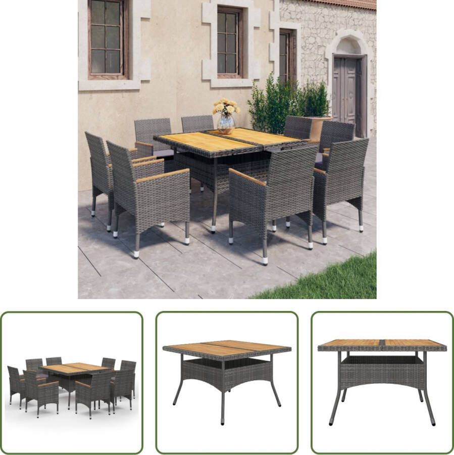 The Living Store Eethoek 9-delig Grijs Bruin Poly rattan Acaciahout Tafel- 120x120x75cm Stoel- 53x58x84cm