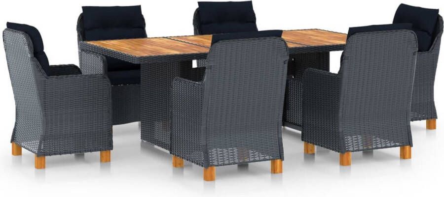 The Living Store Eethoek Acaciahout 200x100x74 cm Donkergrijs Rattan Zwart Kussen