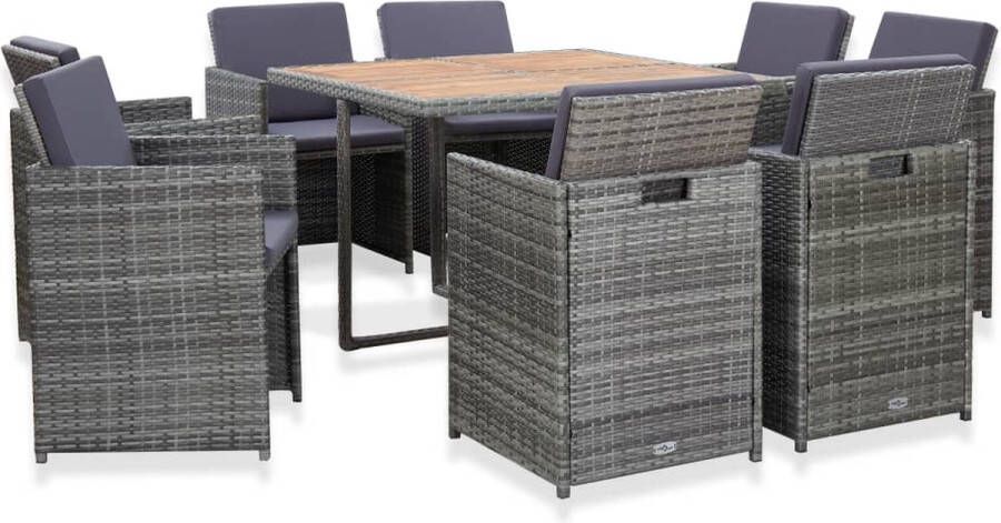 The Living Store Eethoek Poly rattan 1 tafel 8 stoelen 16 kussens Antraciet Donkergrijs