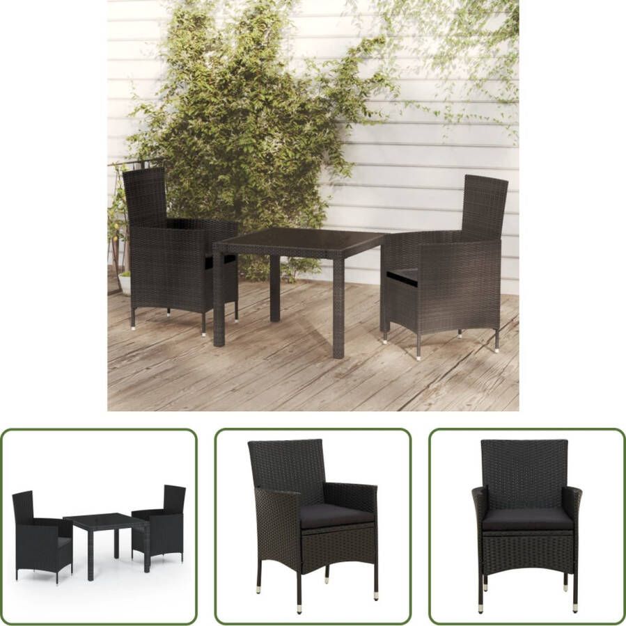 The Living Store Eethoek Rattan 90x90x75 cm Zwart Tafel en stoelen met stalen frame Inclusief kussens