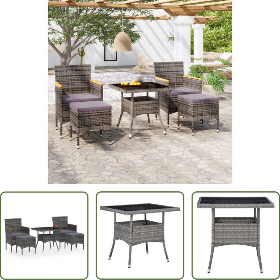 The Living Store Eethoek Rattan Grijs Tafel 80x80x75cm Stoelen 53x58x84cm Voetenbankjes 41.5x41.5x42.5cm Comfort