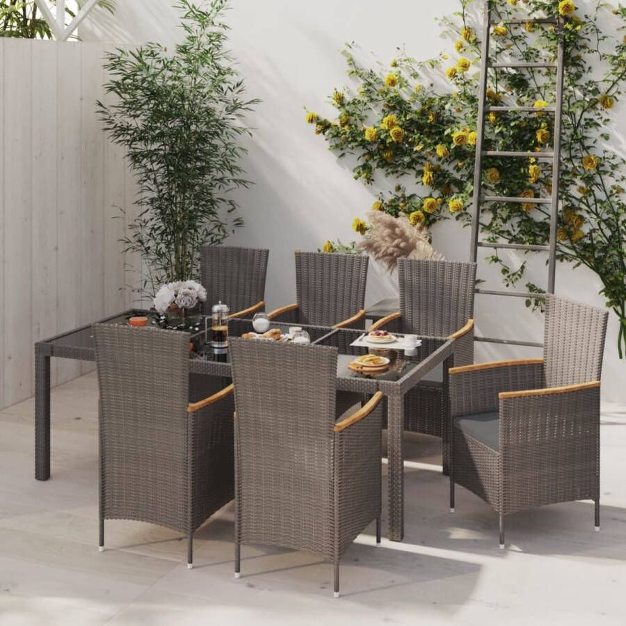 The Living Store Eethoek Rattan Tafel 190x90x75 cm Zwart Stoel Grijs 6x Kussen Montage vereist