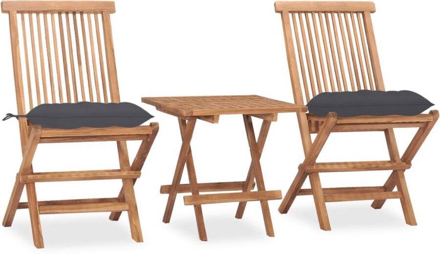 The Living Store Eethoek Teakhout Tuintafel 50x50x50cm Stoel 46x62x90cm Antraciet kussen